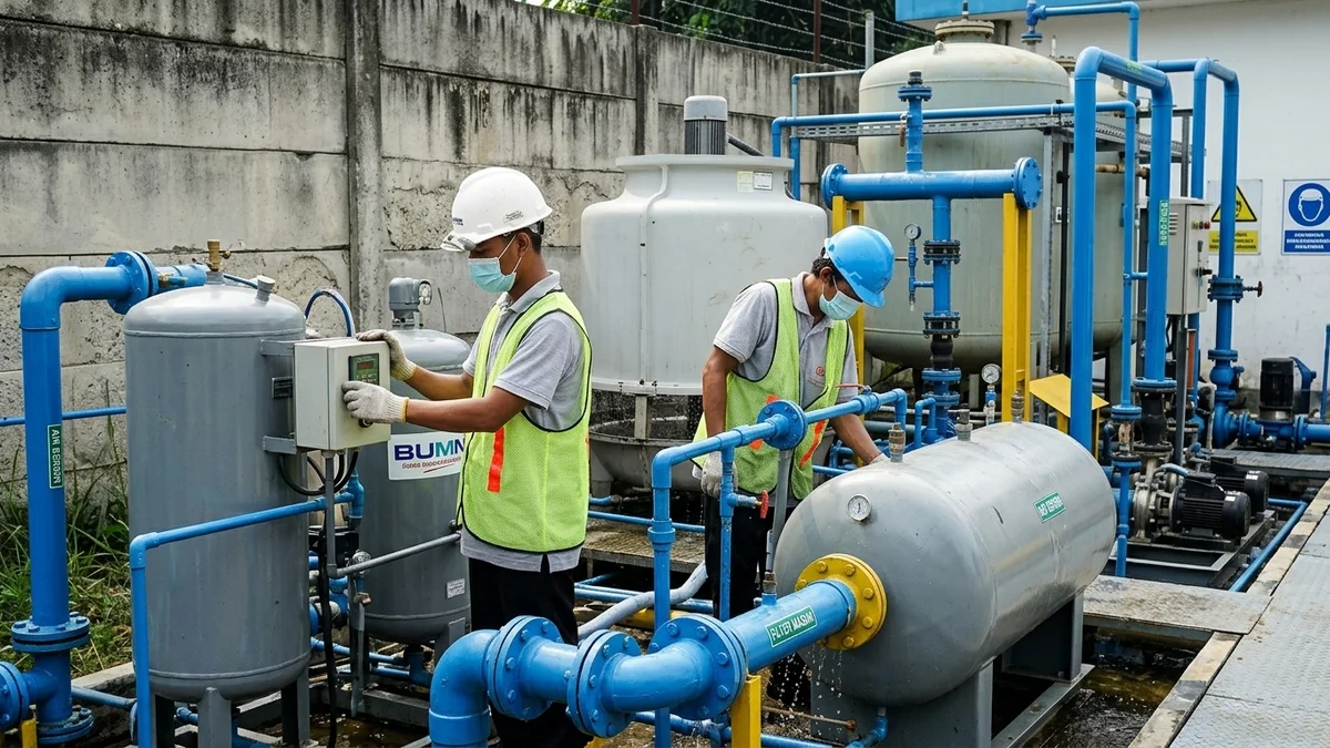 Teknisi melakukan perawatan dan inspeksi sistem water treatment fasilitas BUMN